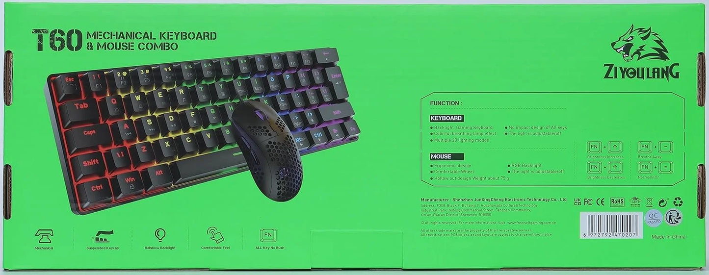 Lexonelec T60PRO 60% Mechanical Keyboard and Mouse Combo+Coiled USB C Cable, Compact RGB LED Backlit Keyboard, Linear Red Switch, 6400 DPI Programmable RGB Mouse for PC Mac Gamer(Blue&White)