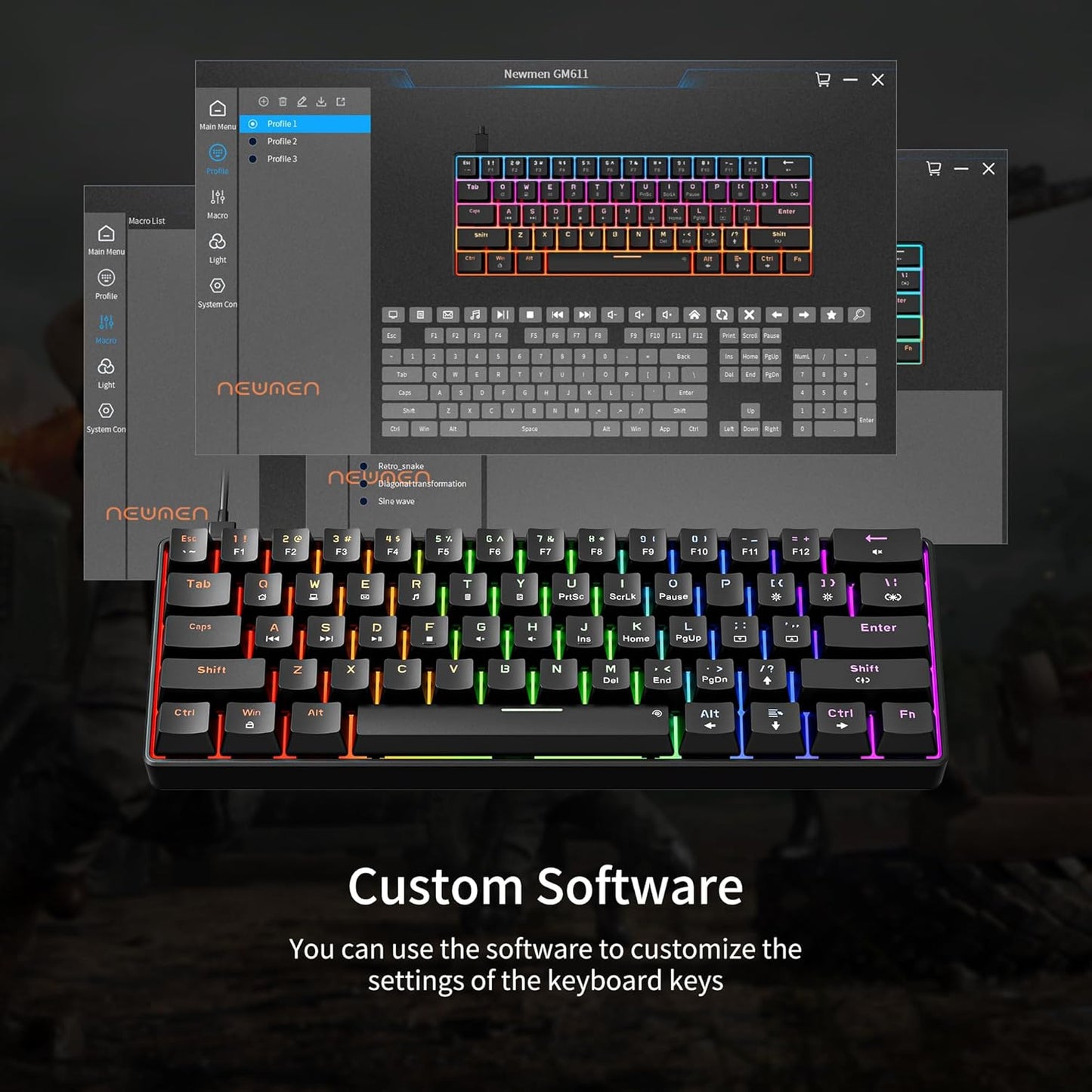 GM611 Mechanical Keyboard,Rainbow LED Backlit Gaming Wired Keyboards Compact Mini 61 Keys Portable 60 Percent Mechanical Keyboard with Black Keycaps,For Windows Laptop PC Linear Red Switches