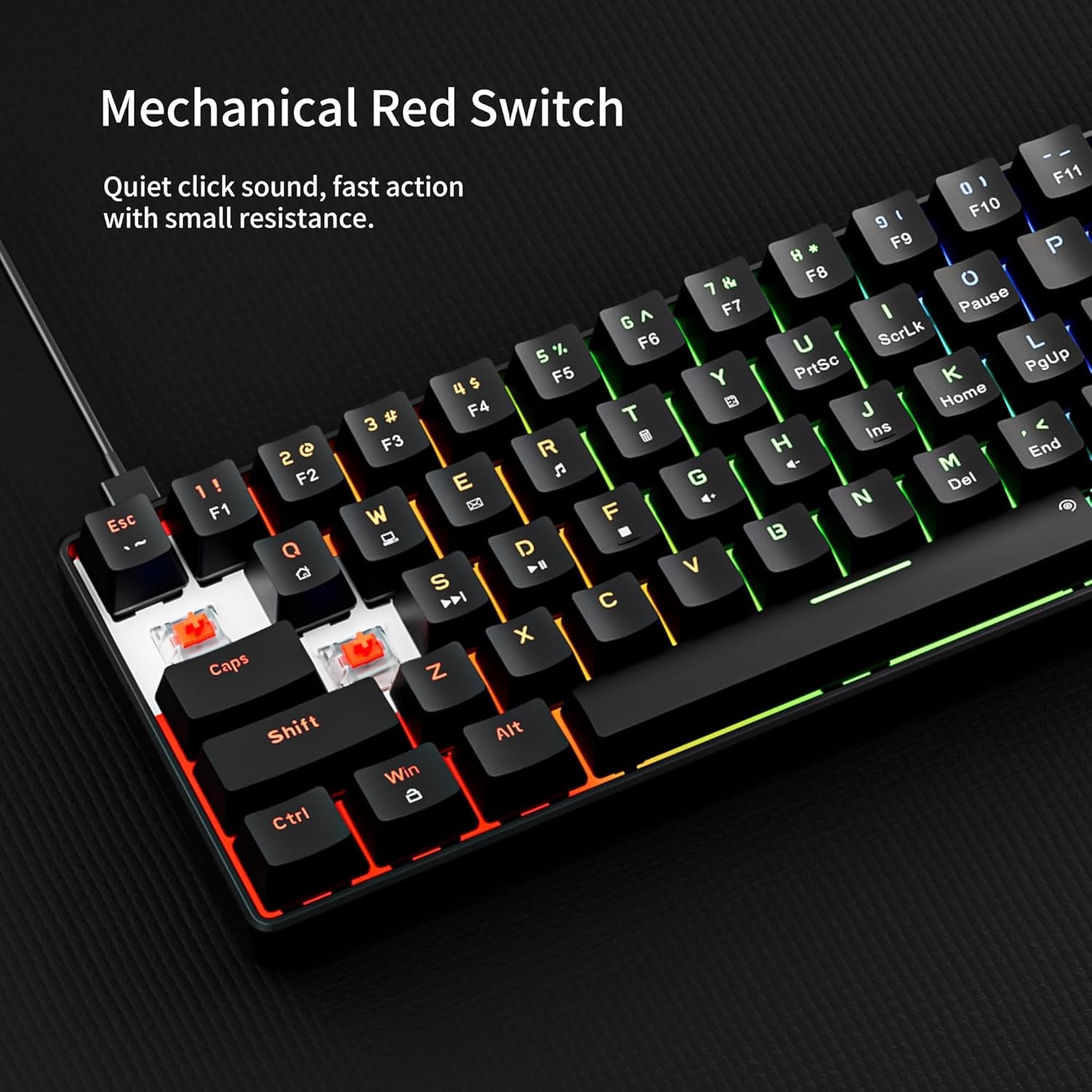 GM611 Mechanical Keyboard,Rainbow LED Backlit Gaming Wired Keyboards Compact Mini 61 Keys Portable 60 Percent Mechanical Keyboard with Black Keycaps,For Windows Laptop PC Linear Red Switches