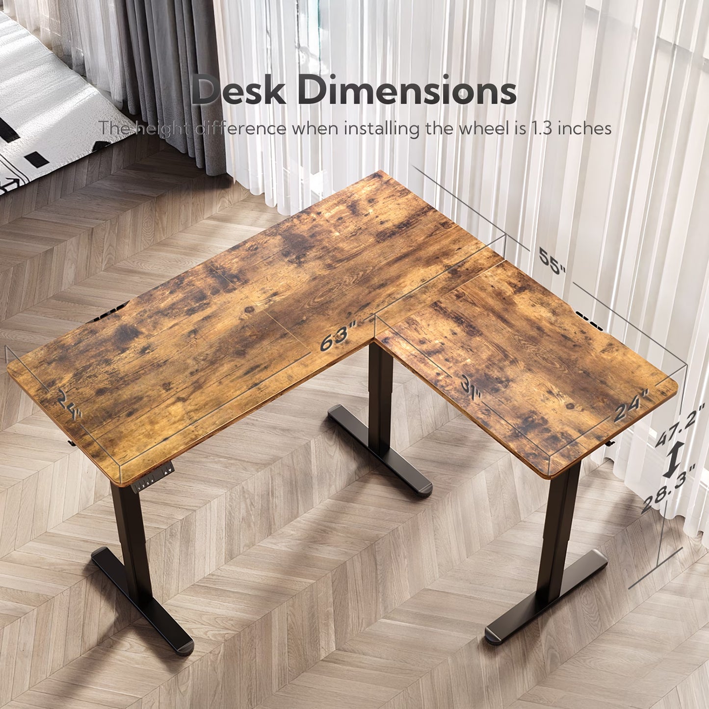 L Shaped Standing Desk Adjustable Height, Dual Motor Electric Corner Standing Desk, 63X55 Inch Sit Stand up Desk Table with Splice Board, Rustic Brown