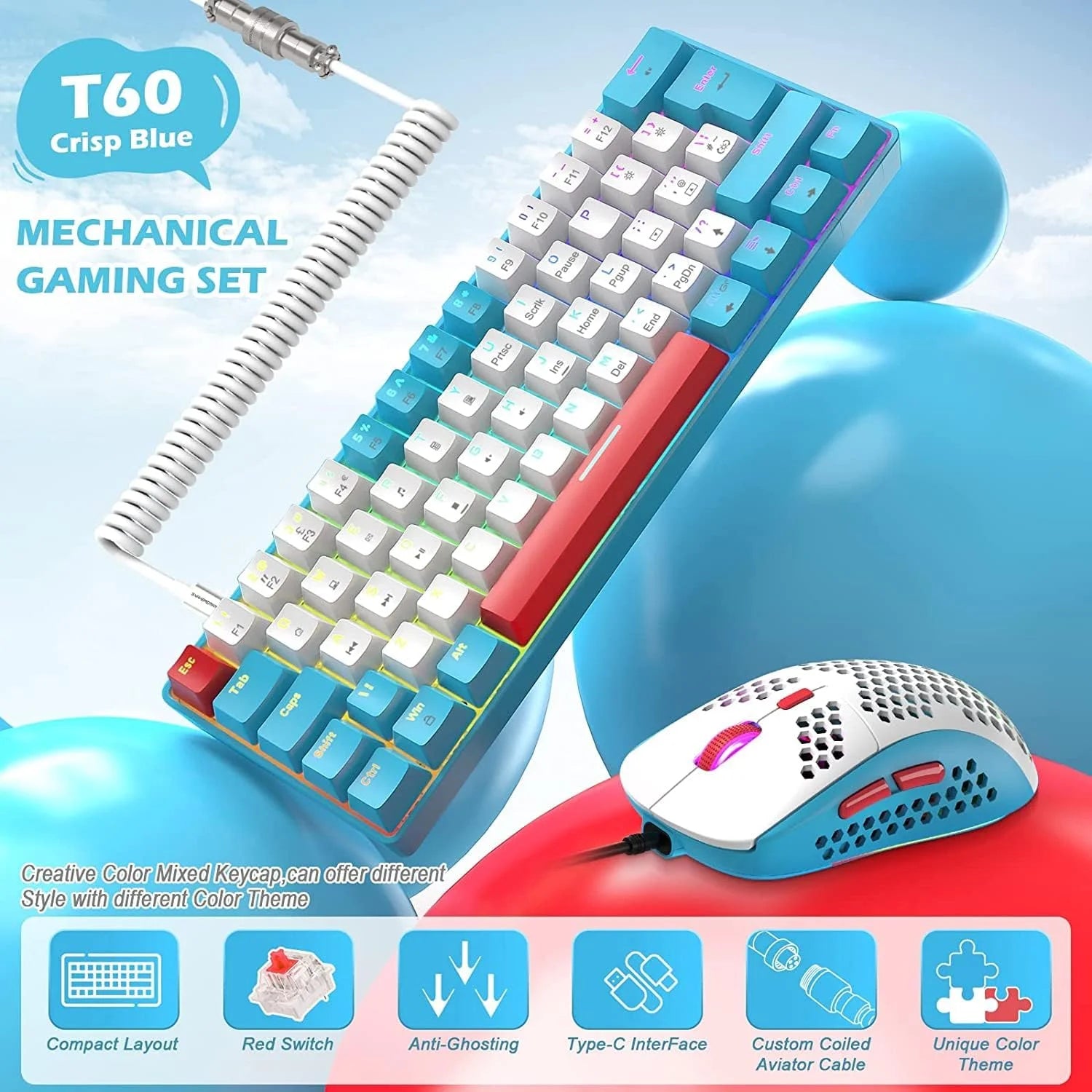 Lexonelec T60PRO 60% Mechanical Keyboard and Mouse Combo+Coiled USB C Cable, Compact RGB LED Backlit Keyboard, Linear Red Switch, 6400 DPI Programmable RGB Mouse for PC Mac Gamer(Blue&White)