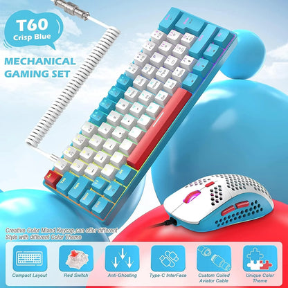 Lexonelec T60PRO 60% Mechanical Keyboard and Mouse Combo+Coiled USB C Cable, Compact RGB LED Backlit Keyboard, Linear Red Switch, 6400 DPI Programmable RGB Mouse for PC Mac Gamer(Blue&White)