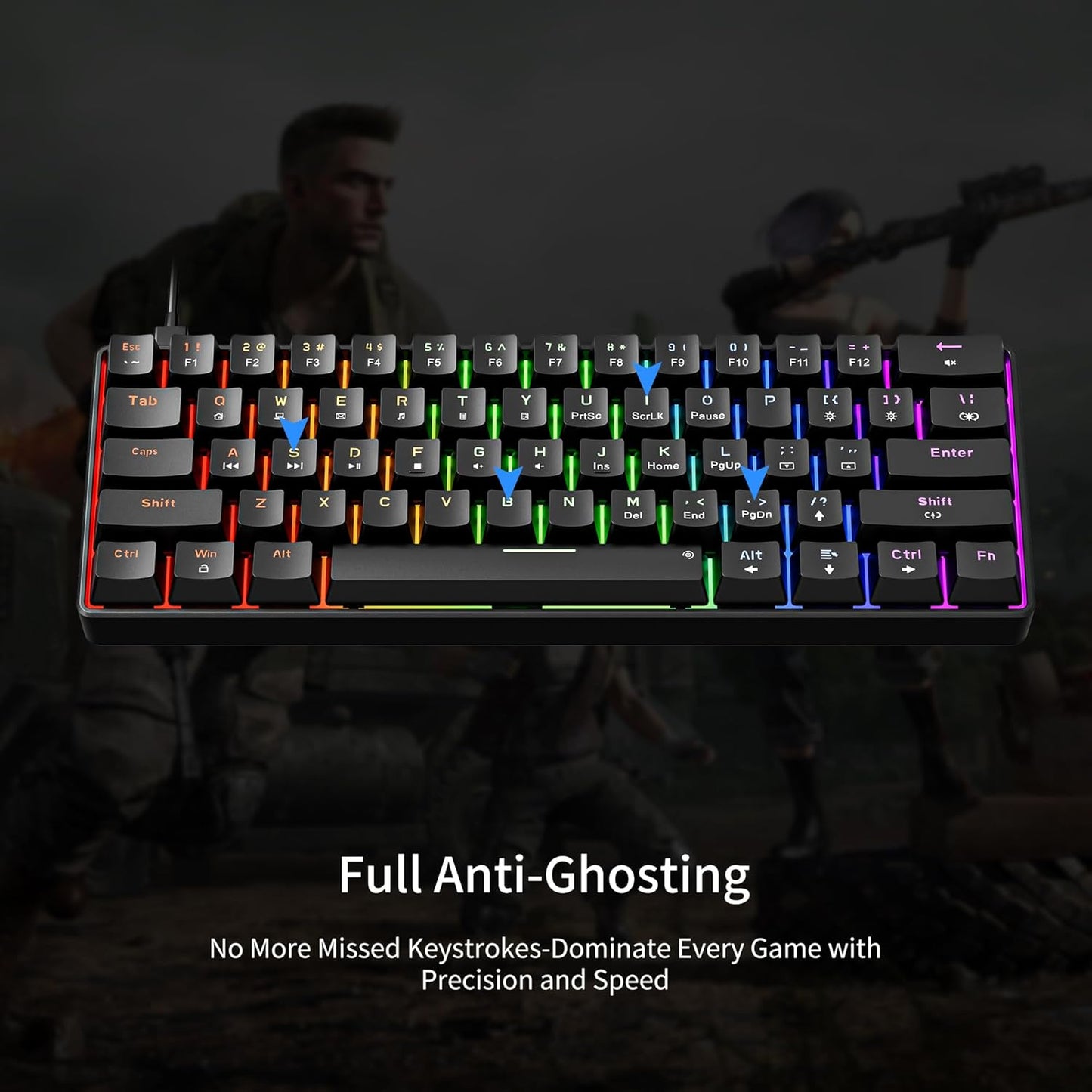 GM611 Mechanical Keyboard,Rainbow LED Backlit Gaming Wired Keyboards Compact Mini 61 Keys Portable 60 Percent Mechanical Keyboard with Black Keycaps,For Windows Laptop PC Linear Red Switches