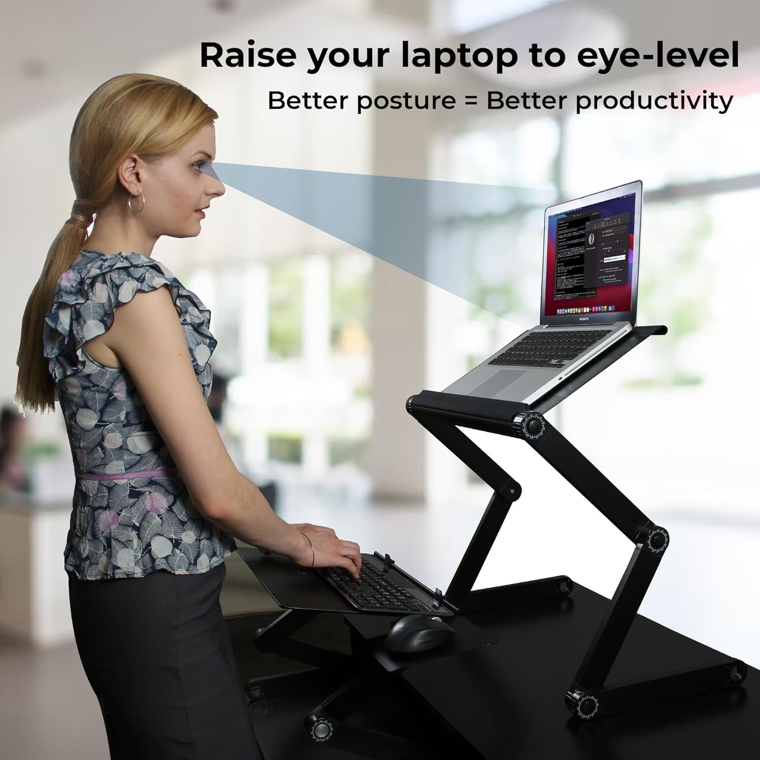 Workez Adjustable Standing Desk Converter W/2 Fans & 3 USB Ports, Sit to Stand Desk Riser Monitor Standing Computer Desk, Height & Angle Negative Tilt