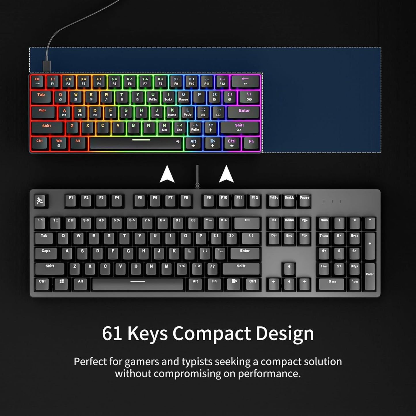 GM611 Mechanical Keyboard,Rainbow LED Backlit Gaming Wired Keyboards Compact Mini 61 Keys Portable 60 Percent Mechanical Keyboard with Black Keycaps,For Windows Laptop PC Linear Red Switches