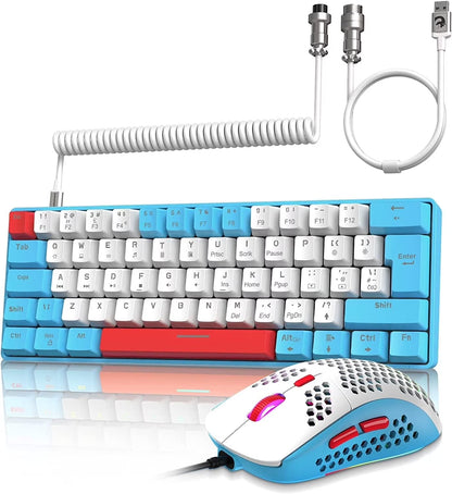 Lexonelec T60PRO 60% Mechanical Keyboard and Mouse Combo+Coiled USB C Cable, Compact RGB LED Backlit Keyboard, Linear Red Switch, 6400 DPI Programmable RGB Mouse for PC Mac Gamer(Blue&White)