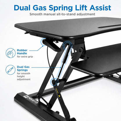 35.5" Standing Desk Converter with Keyboard Tray – Adjustable Sit Stand Desk Riser for Dual Monitors – Dual Gas Spring Height Adjustable Desktop Workstation Topper – Black