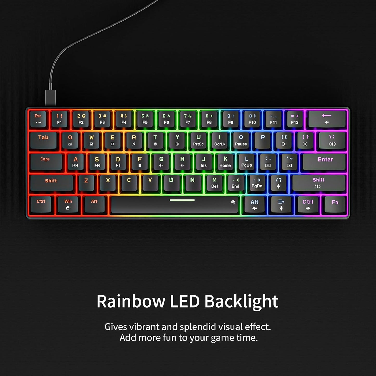 GM611 Mechanical Keyboard,Rainbow LED Backlit Gaming Wired Keyboards Compact Mini 61 Keys Portable 60 Percent Mechanical Keyboard with Black Keycaps,For Windows Laptop PC Linear Red Switches