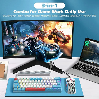 Lexonelec T60PRO 60% Mechanical Keyboard and Mouse Combo+Coiled USB C Cable, Compact RGB LED Backlit Keyboard, Linear Red Switch, 6400 DPI Programmable RGB Mouse for PC Mac Gamer(Blue&White)