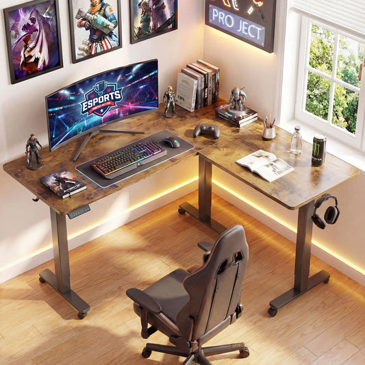 L Shaped Standing Desk Adjustable Height, Dual Motor Electric Corner Standing Desk, 63X55 Inch Sit Stand up Desk Table with Splice Board, Rustic Brown