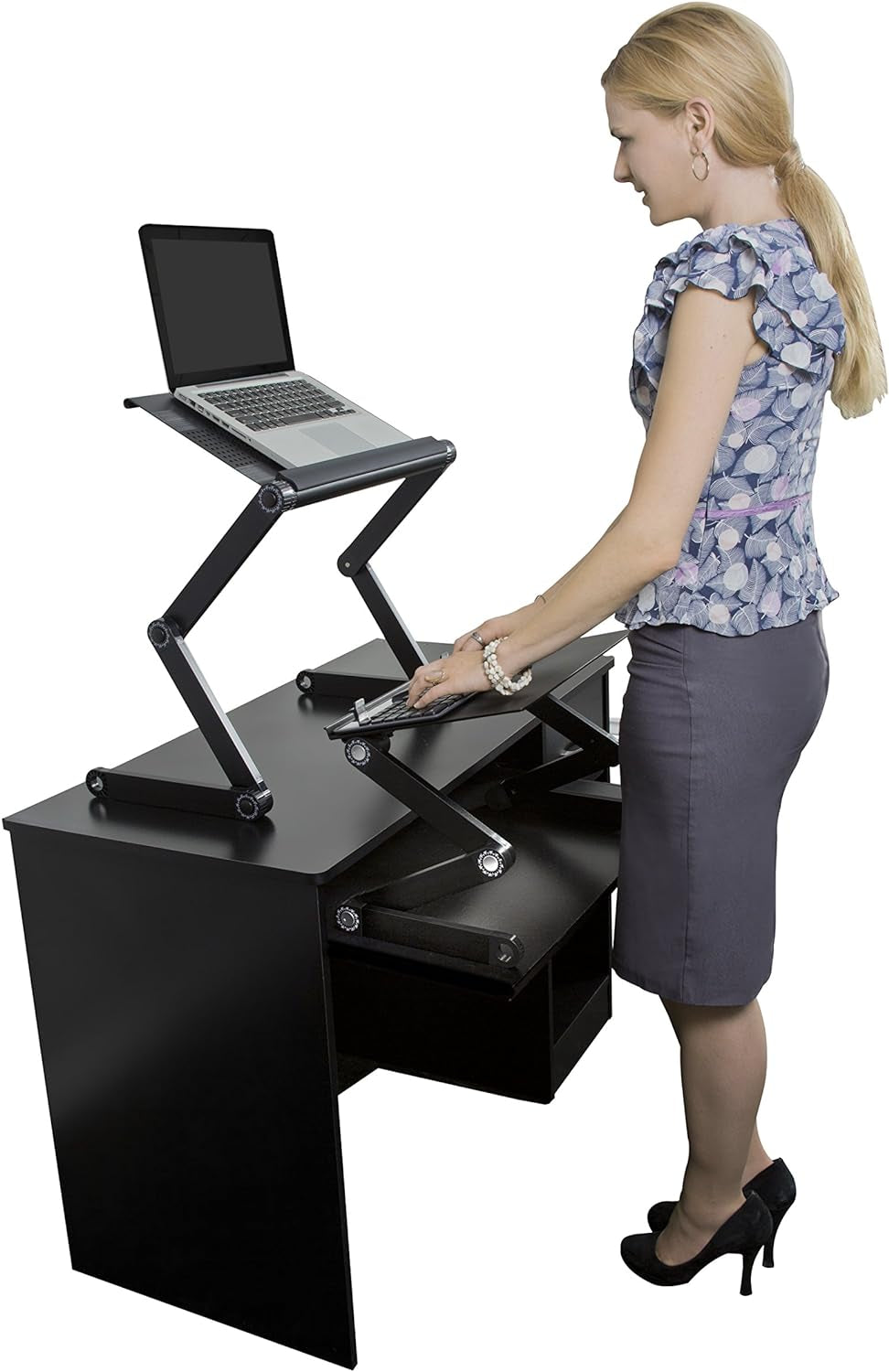 Workez Adjustable Standing Desk Converter W/2 Fans & 3 USB Ports, Sit to Stand Desk Riser Monitor Standing Computer Desk, Height & Angle Negative Tilt