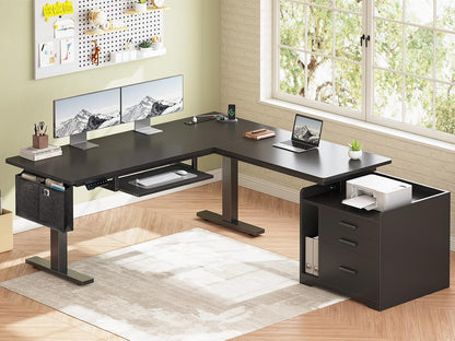 L Shaped Electric Standing Desk with File Cabinet, 63 X 53'' Height Adjustable Home Office Computer Desk with Drawers, Power Outlet, Stand up Gaming Table with Led Lights, Keyboard Tray, Black
