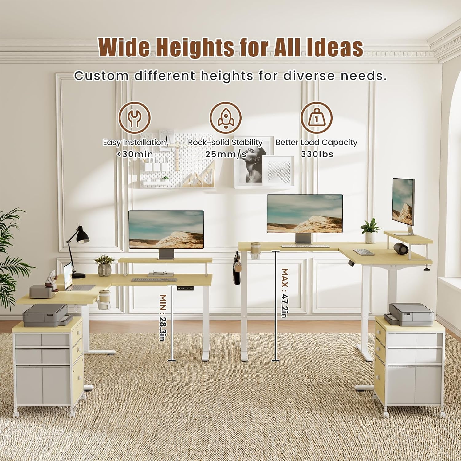 Electric L Shaped Standing Desk with File Cabinet, 59" X 59" Corner Computer Desk with Drawers, Dual Motor Stand up Desk with Storage, Home Office Standing Desk Adjustable Height, Maple