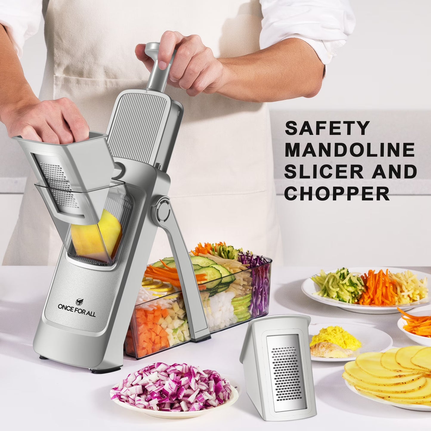 5-In-1 Vegetable Slicer with Container - Adjustable Mandoline Chopper, Slicer, Dicer, Grater for Kitchen, Stainless Steel with 0.1-8Mm Thickness & Dishwasher Safe Food Prep Tool