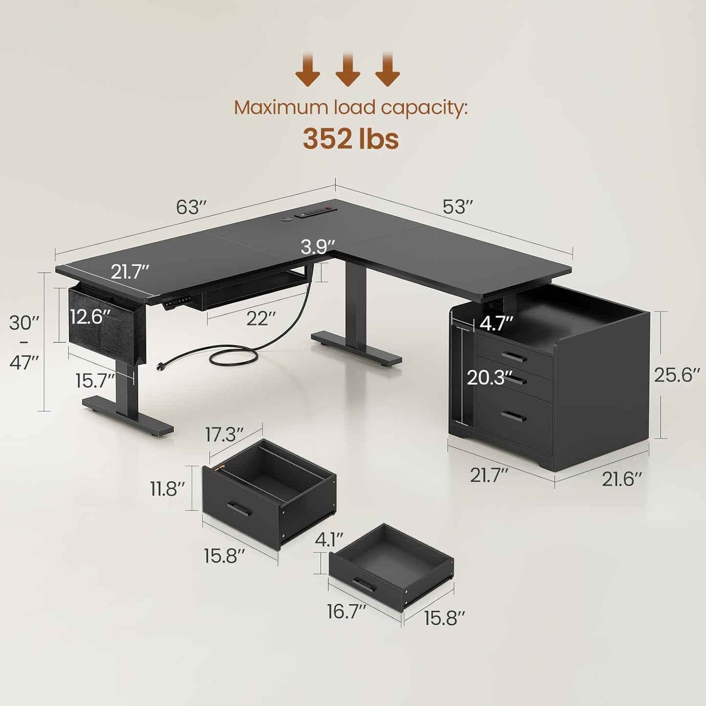 L Shaped Electric Standing Desk with File Cabinet, 63 X 53'' Height Adjustable Home Office Computer Desk with Drawers, Power Outlet, Stand up Gaming Table with Led Lights, Keyboard Tray, Black