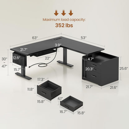 L Shaped Electric Standing Desk with File Cabinet, 63 X 53'' Height Adjustable Home Office Computer Desk with Drawers, Power Outlet, Stand up Gaming Table with Led Lights, Keyboard Tray, Black