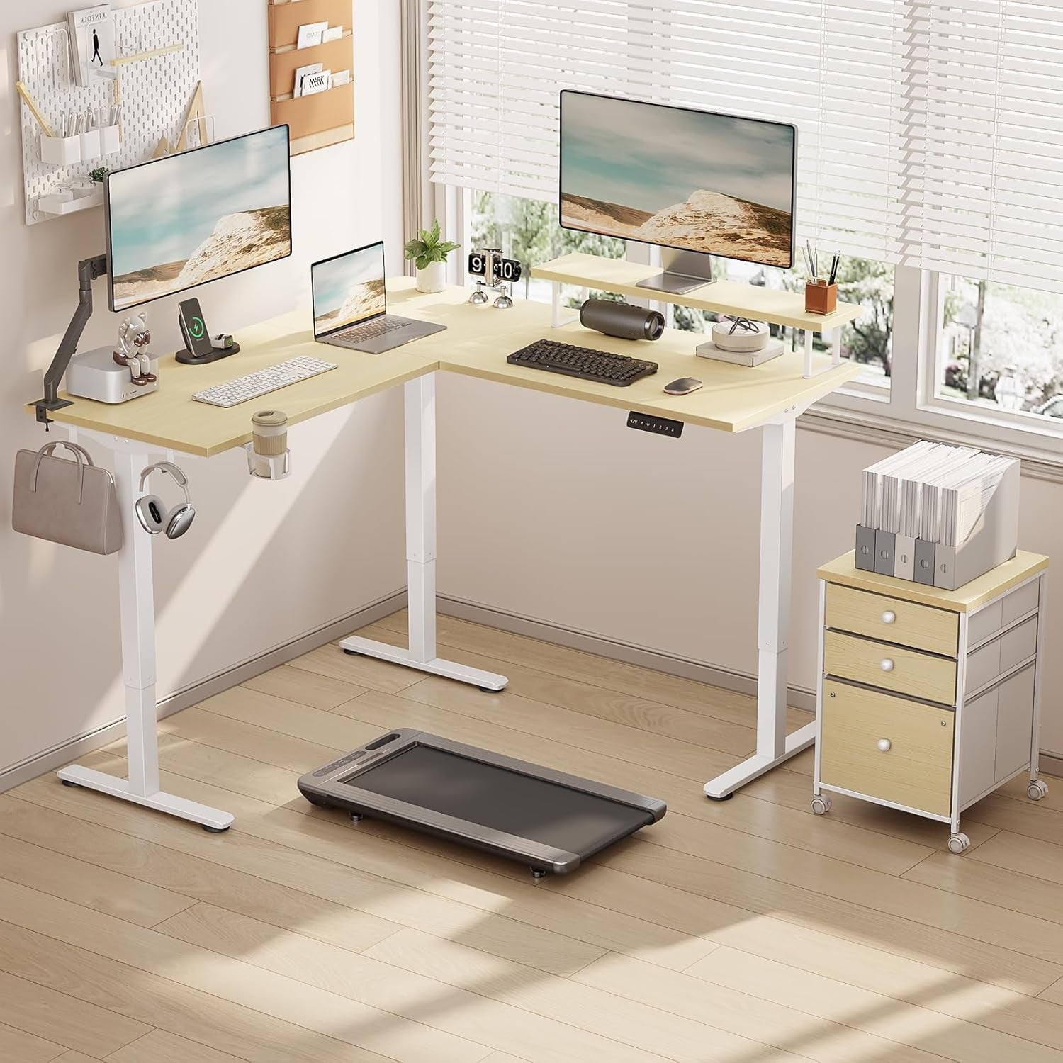 Electric L Shaped Standing Desk with File Cabinet, 59" X 59" Corner Computer Desk with Drawers, Dual Motor Stand up Desk with Storage, Home Office Standing Desk Adjustable Height, Maple