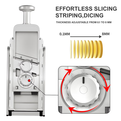 5-In-1 Vegetable Slicer with Container - Adjustable Mandoline Chopper, Slicer, Dicer, Grater for Kitchen, Stainless Steel with 0.1-8Mm Thickness & Dishwasher Safe Food Prep Tool