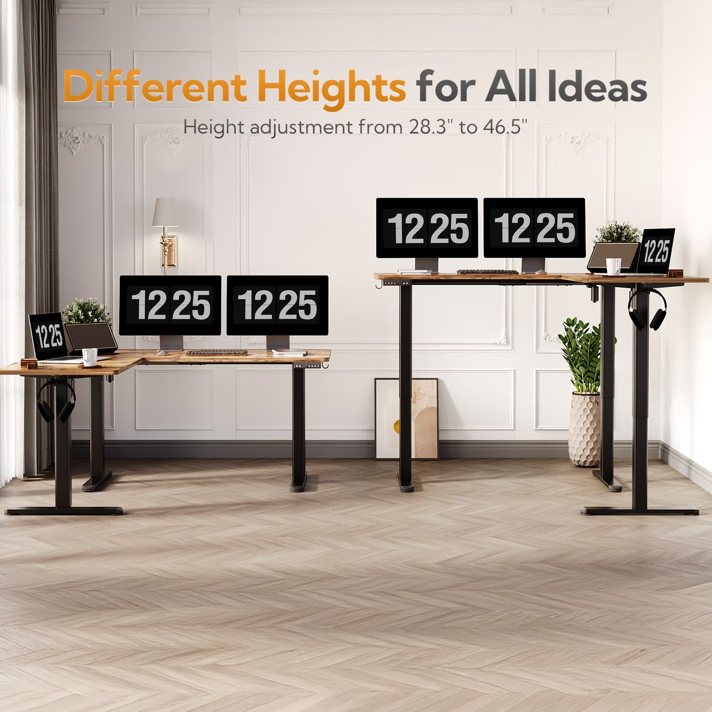 L Shaped Standing Desk Adjustable Height, Dual Motor Electric Corner Standing Desk, 63X55 Inch Sit Stand up Desk Table with Splice Board, Rustic Brown