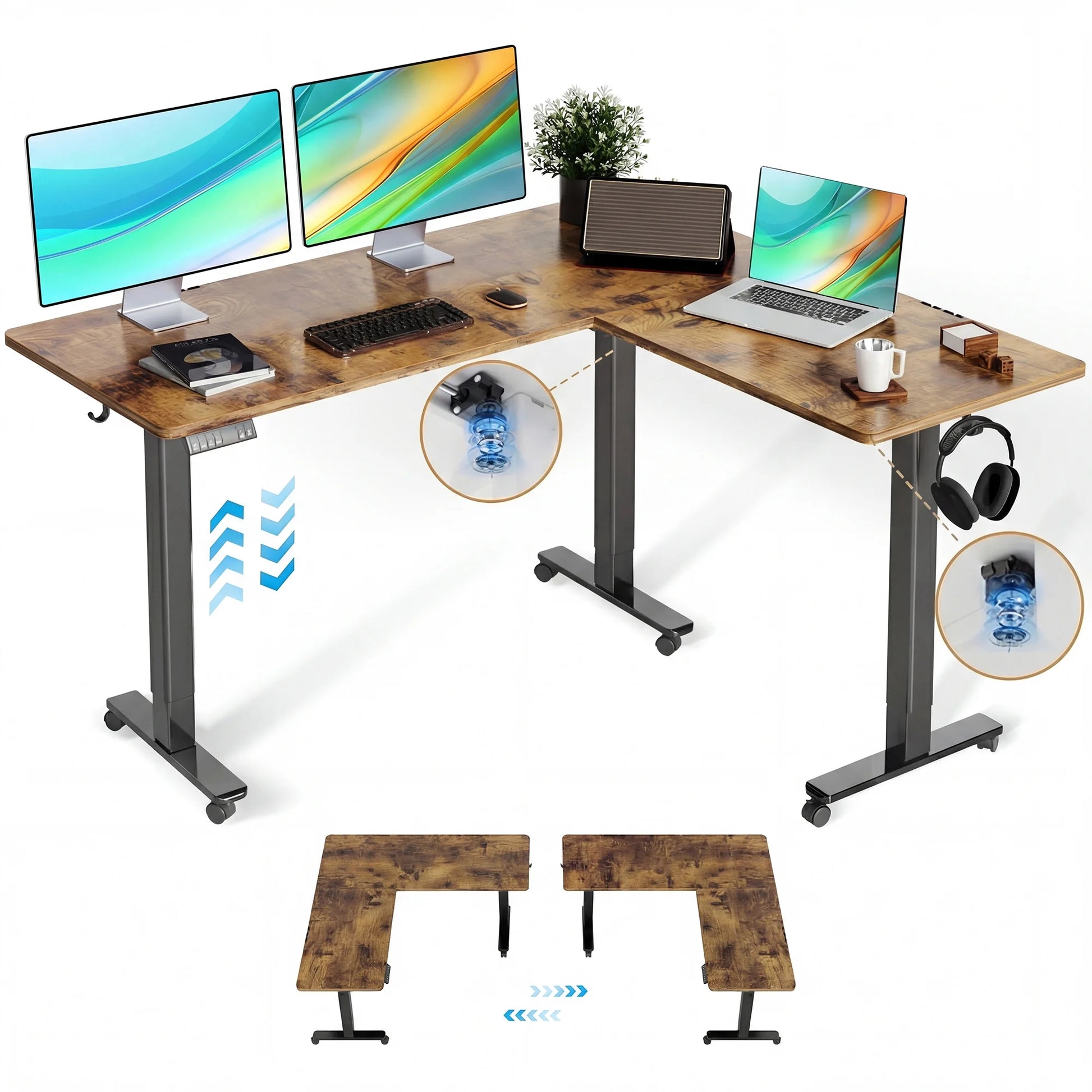 L Shaped Standing Desk Adjustable Height, Dual Motor Electric Corner Standing Desk, 63X55 Inch Sit Stand up Desk Table with Splice Board, Rustic Brown