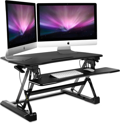 35.5" Standing Desk Converter with Keyboard Tray – Adjustable Sit Stand Desk Riser for Dual Monitors – Dual Gas Spring Height Adjustable Desktop Workstation Topper – Black