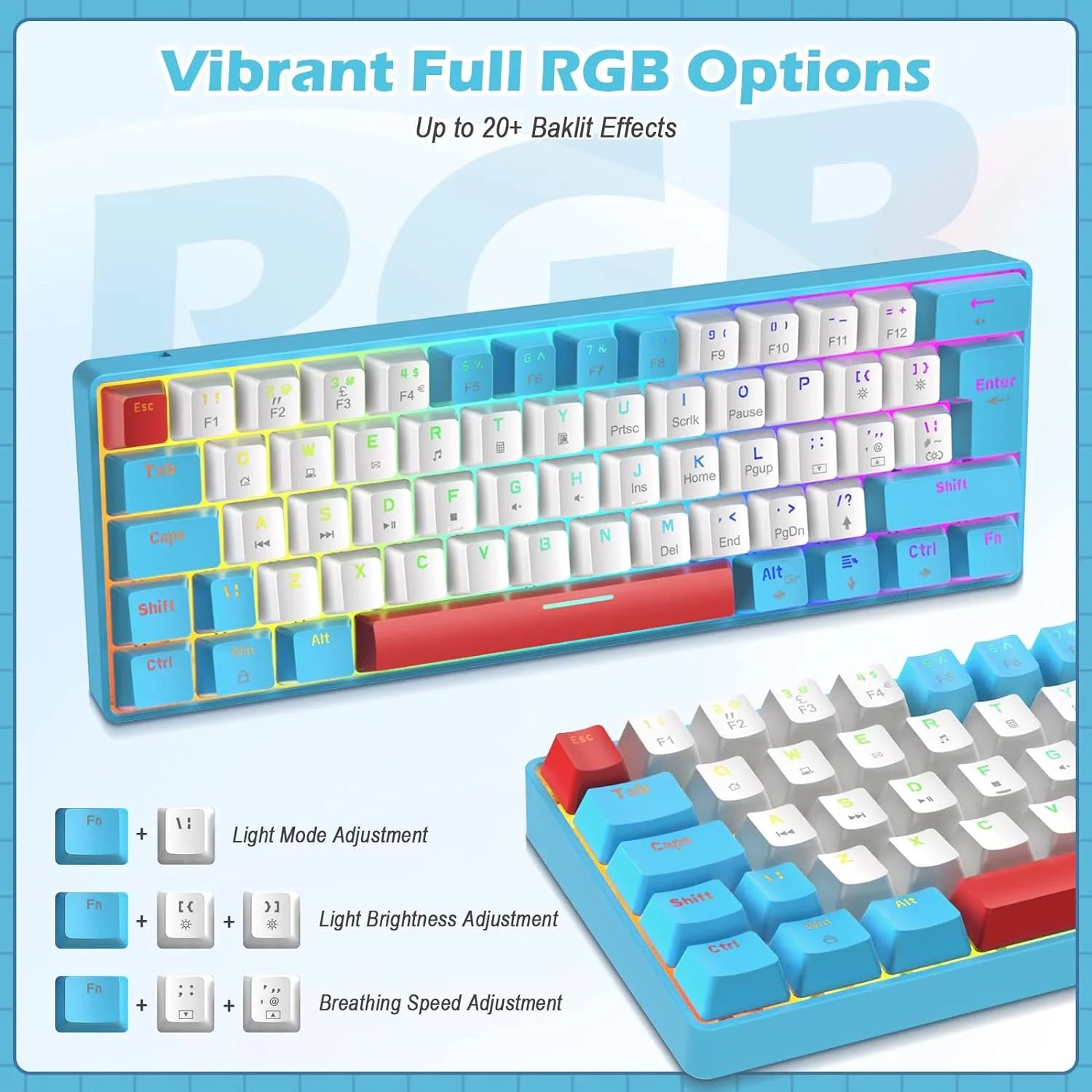 Lexonelec T60PRO 60% Mechanical Keyboard and Mouse Combo+Coiled USB C Cable, Compact RGB LED Backlit Keyboard, Linear Red Switch, 6400 DPI Programmable RGB Mouse for PC Mac Gamer(Blue&White)