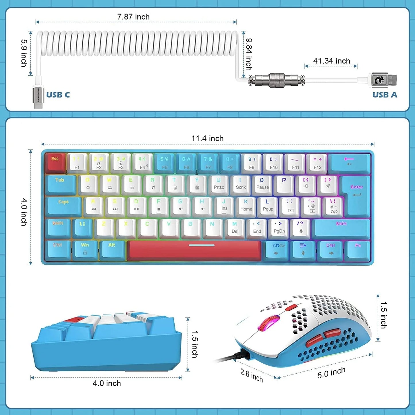 Lexonelec T60PRO 60% Mechanical Keyboard and Mouse Combo+Coiled USB C Cable, Compact RGB LED Backlit Keyboard, Linear Red Switch, 6400 DPI Programmable RGB Mouse for PC Mac Gamer(Blue&White)