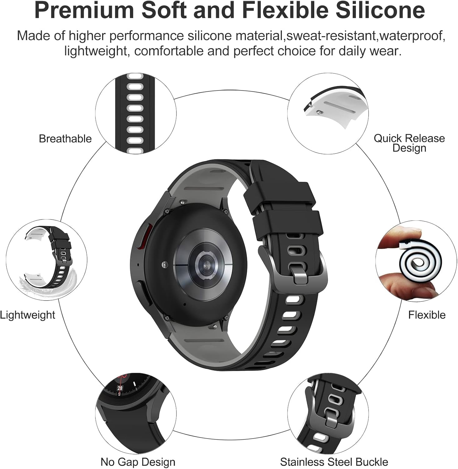 For Galaxy Watch 7/6/5/4/FE 40Mm 44Mm Bands, No Gap Soft Silicone Sport Strap Wristbands Compatible with Samasung Galaxy Watch 7/ Watch 6 Classic 43Mm 47Mm/Watch 5 Pro 45Mm/Watch 4 Classic 42Mm 46Mm