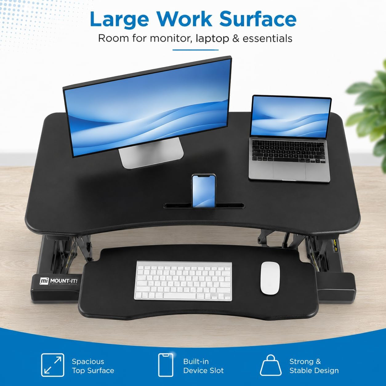35.5" Standing Desk Converter with Keyboard Tray – Adjustable Sit Stand Desk Riser for Dual Monitors – Dual Gas Spring Height Adjustable Desktop Workstation Topper – Black