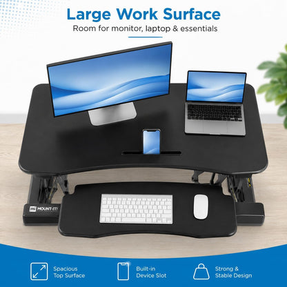 35.5" Standing Desk Converter with Keyboard Tray – Adjustable Sit Stand Desk Riser for Dual Monitors – Dual Gas Spring Height Adjustable Desktop Workstation Topper – Black