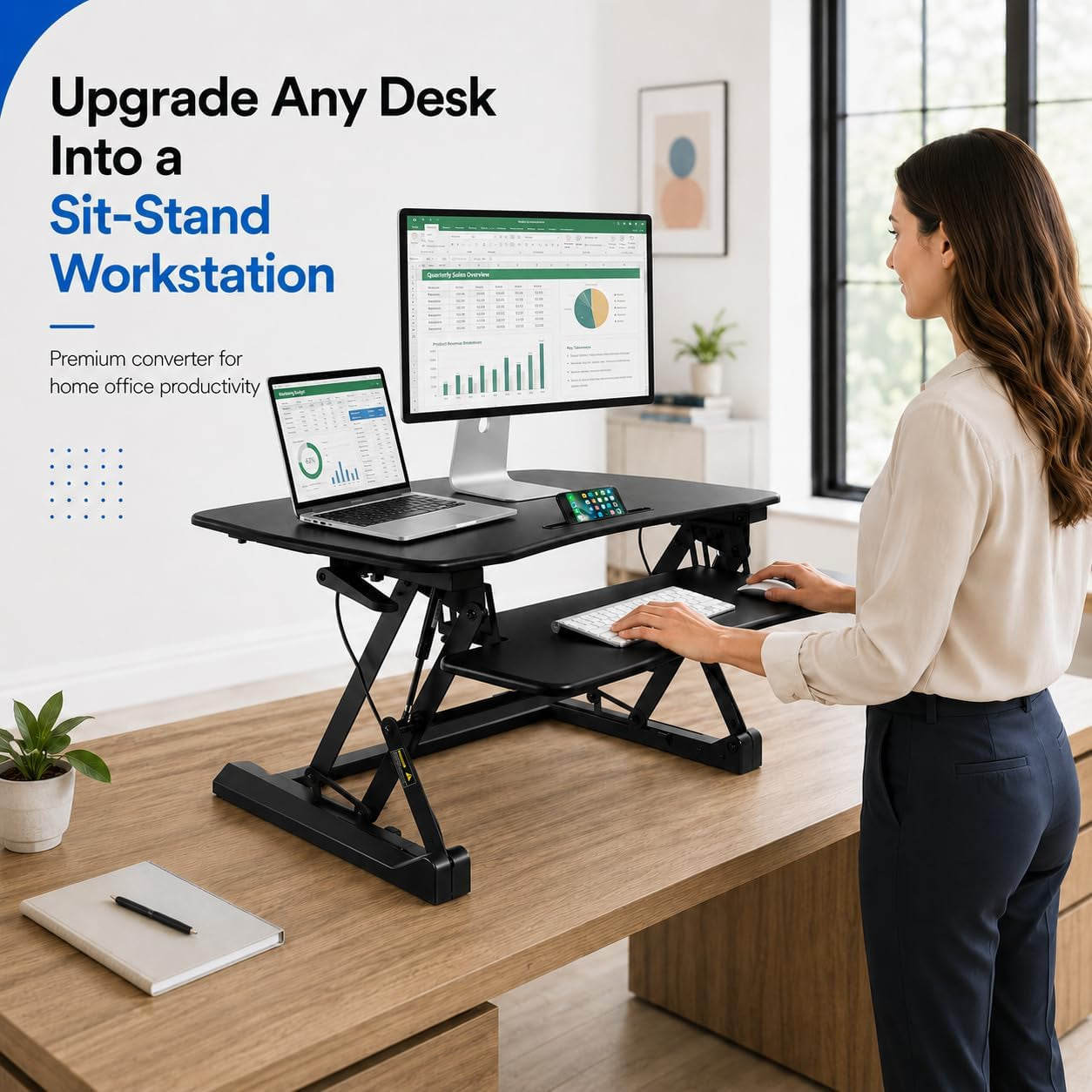 35.5" Standing Desk Converter with Keyboard Tray – Adjustable Sit Stand Desk Riser for Dual Monitors – Dual Gas Spring Height Adjustable Desktop Workstation Topper – Black
