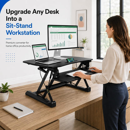 35.5" Standing Desk Converter with Keyboard Tray – Adjustable Sit Stand Desk Riser for Dual Monitors – Dual Gas Spring Height Adjustable Desktop Workstation Topper – Black