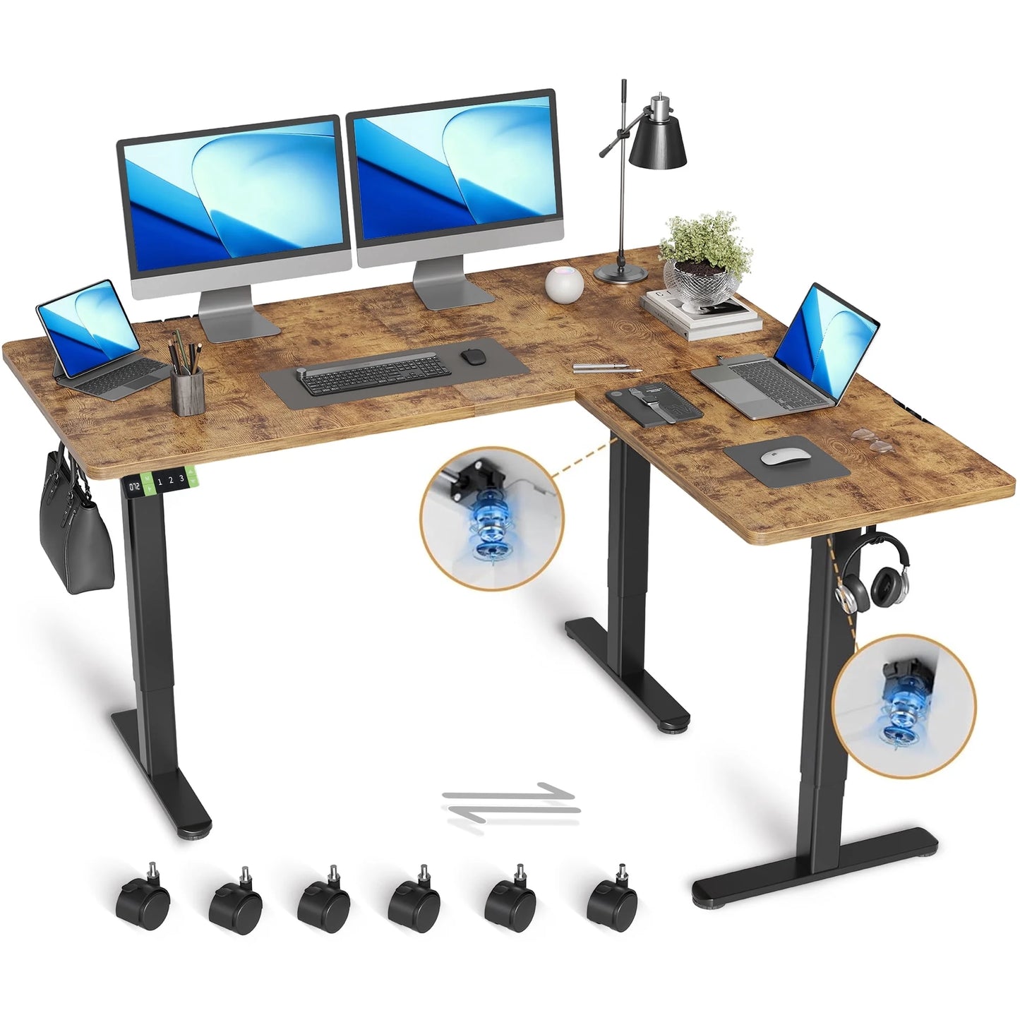 L Shaped Standing Desk Adjustable Height, Dual Motor Electric Corner Standing Desk, 63X55 Inch Sit Stand up Desk Table with Splice Board, Rustic Brown