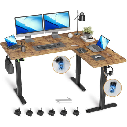 L Shaped Standing Desk Adjustable Height, Dual Motor Electric Corner Standing Desk, 63X55 Inch Sit Stand up Desk Table with Splice Board, Rustic Brown