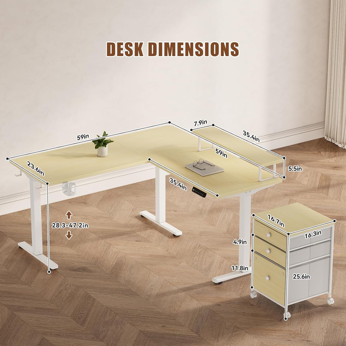 Electric L Shaped Standing Desk with File Cabinet, 59" X 59" Corner Computer Desk with Drawers, Dual Motor Stand up Desk with Storage, Home Office Standing Desk Adjustable Height, Maple