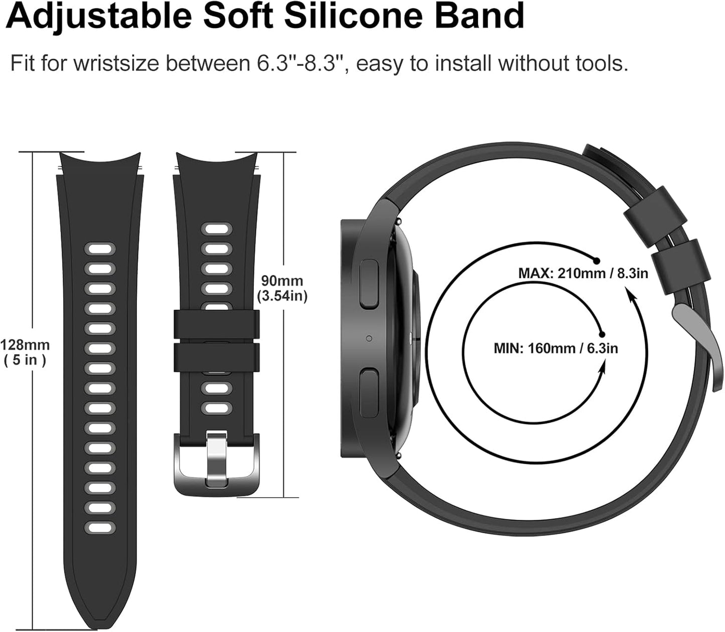 For Galaxy Watch 7/6/5/4/FE 40Mm 44Mm Bands, No Gap Soft Silicone Sport Strap Wristbands Compatible with Samasung Galaxy Watch 7/ Watch 6 Classic 43Mm 47Mm/Watch 5 Pro 45Mm/Watch 4 Classic 42Mm 46Mm