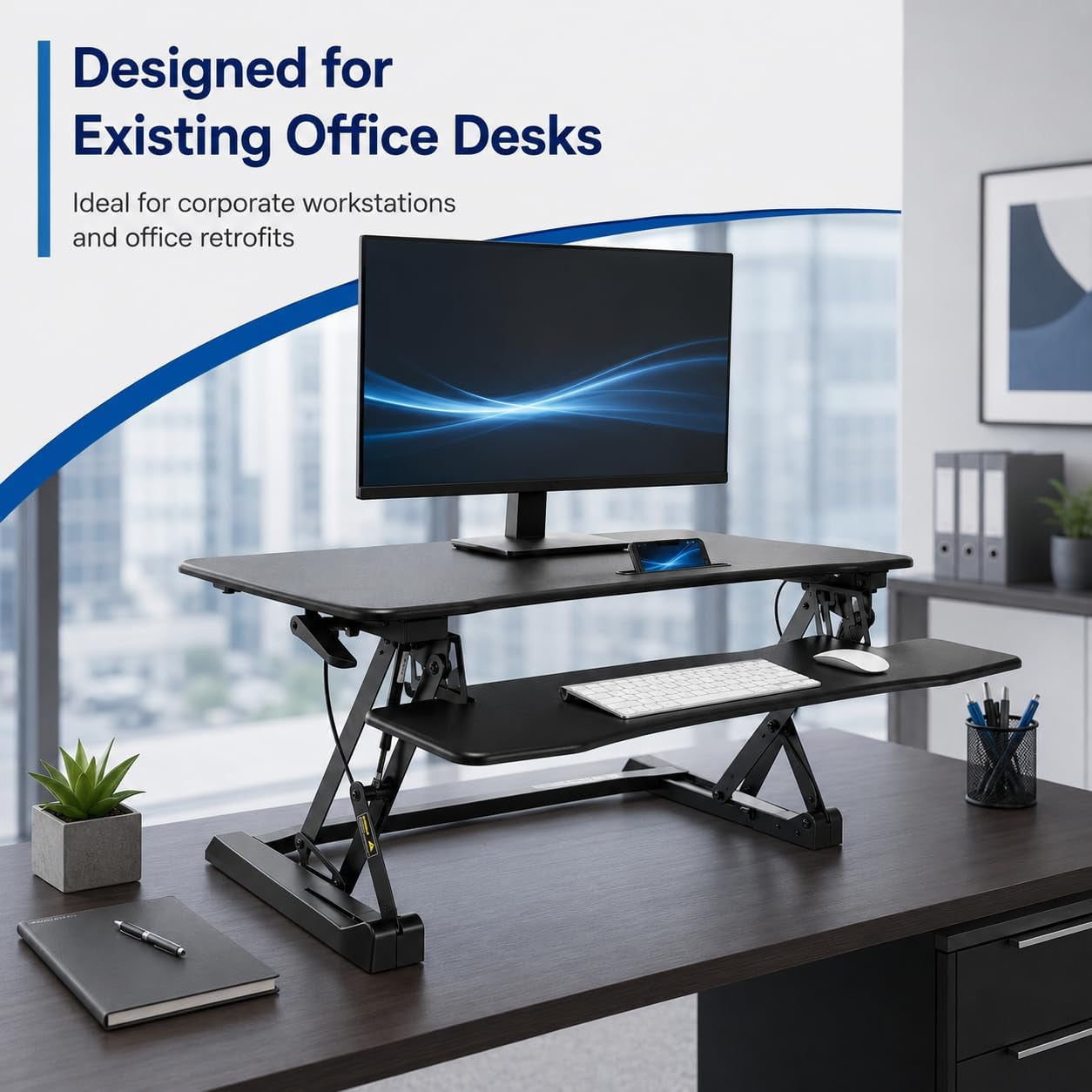 35.5" Standing Desk Converter with Keyboard Tray – Adjustable Sit Stand Desk Riser for Dual Monitors – Dual Gas Spring Height Adjustable Desktop Workstation Topper – Black