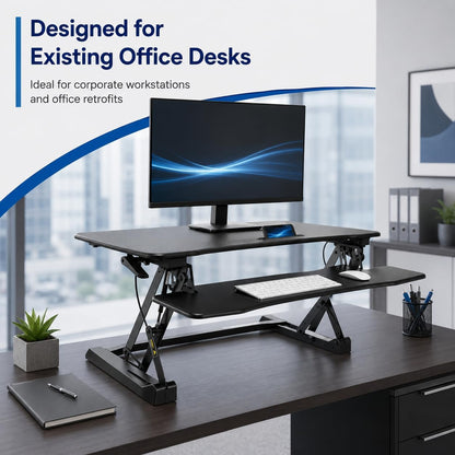 35.5" Standing Desk Converter with Keyboard Tray – Adjustable Sit Stand Desk Riser for Dual Monitors – Dual Gas Spring Height Adjustable Desktop Workstation Topper – Black