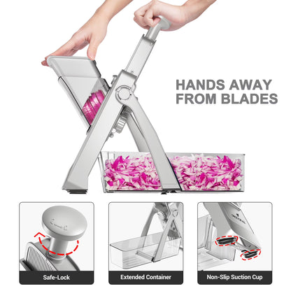 5-In-1 Vegetable Slicer with Container - Adjustable Mandoline Chopper, Slicer, Dicer, Grater for Kitchen, Stainless Steel with 0.1-8Mm Thickness & Dishwasher Safe Food Prep Tool