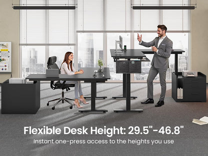 L Shaped Electric Standing Desk with File Cabinet, 63 X 53'' Height Adjustable Home Office Computer Desk with Drawers, Power Outlet, Stand up Gaming Table with Led Lights, Keyboard Tray, Black