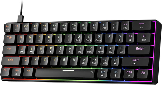 GM611 Mechanical Keyboard,Rainbow LED Backlit Gaming Wired Keyboards Compact Mini 61 Keys Portable 60 Percent Mechanical Keyboard with Black Keycaps,For Windows Laptop PC Linear Red Switches