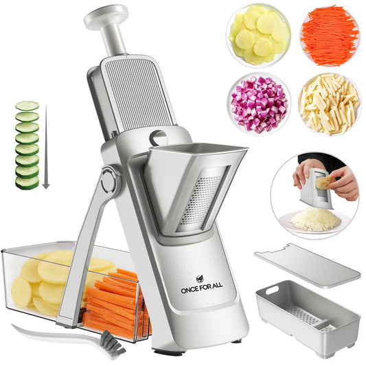 5-In-1 Vegetable Slicer with Container - Adjustable Mandoline Chopper, Slicer, Dicer, Grater for Kitchen, Stainless Steel with 0.1-8Mm Thickness & Dishwasher Safe Food Prep Tool