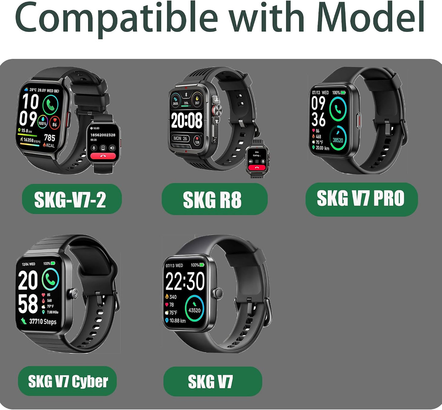 SKG V7 Pro Smart Watch Charger, 2 Pin Magnetic USB Replacement Charging Compatible with V7-2, Pro, Cyber, R8 Smart Watch (Black)