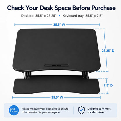 35.5" Standing Desk Converter with Keyboard Tray – Adjustable Sit Stand Desk Riser for Dual Monitors – Dual Gas Spring Height Adjustable Desktop Workstation Topper – Black