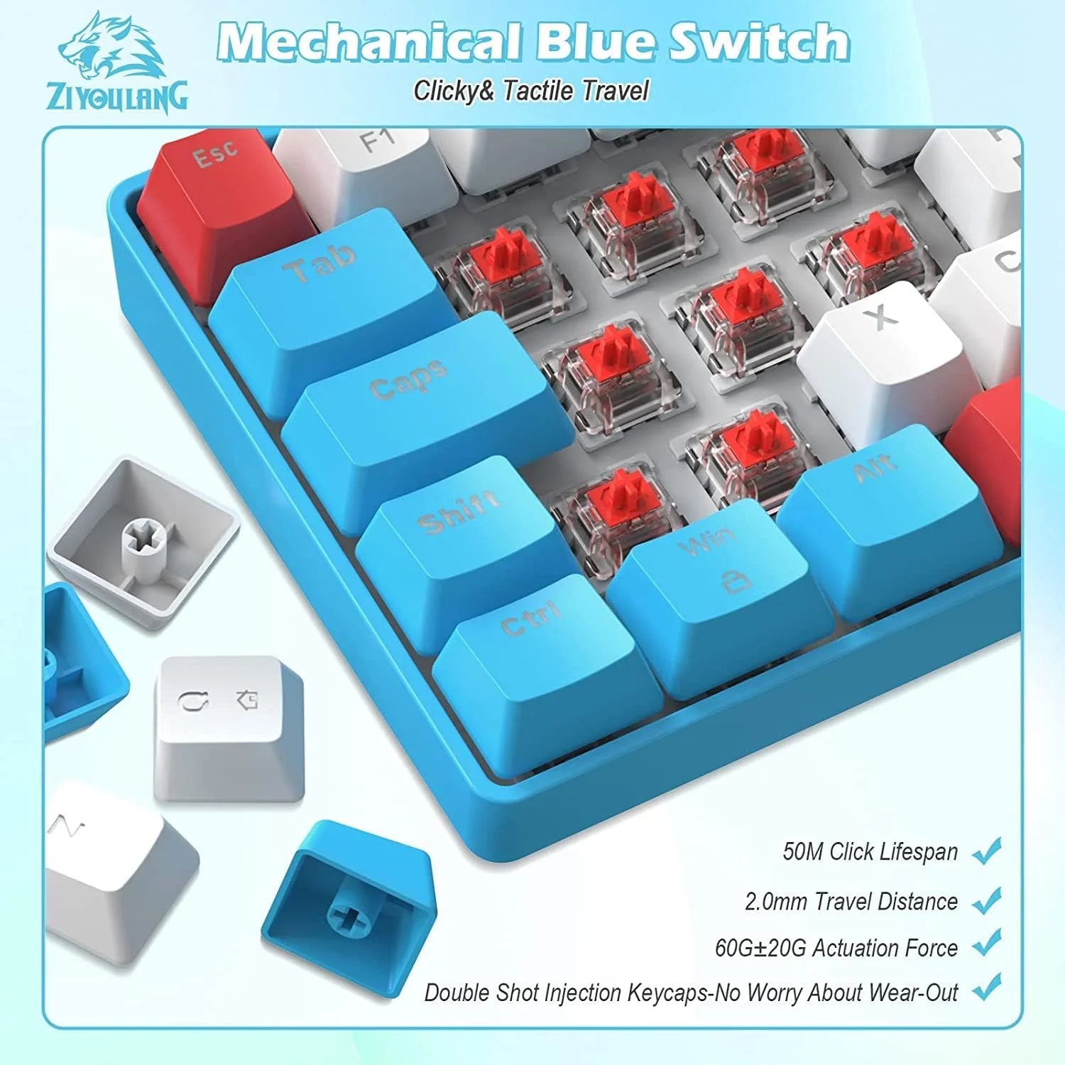 Lexonelec T60PRO 60% Mechanical Keyboard and Mouse Combo+Coiled USB C Cable, Compact RGB LED Backlit Keyboard, Linear Red Switch, 6400 DPI Programmable RGB Mouse for PC Mac Gamer(Blue&White)