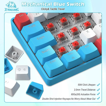 Lexonelec T60PRO 60% Mechanical Keyboard and Mouse Combo+Coiled USB C Cable, Compact RGB LED Backlit Keyboard, Linear Red Switch, 6400 DPI Programmable RGB Mouse for PC Mac Gamer(Blue&White)