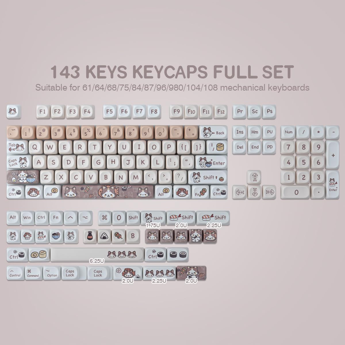 PBT Keycaps 143 Keys Cute Keycaps Dye-Sublimation Kitty-Cat Keycaps Set MOA Profile Custom Keycaps for Cherry Gateron MX Swithes Mechanical Keyboards